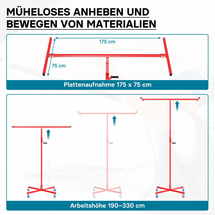 Sollevatore pannelli cartongesso max 50kg, altezza 190-330cm, Carrello Alzapannelli Alzalastre