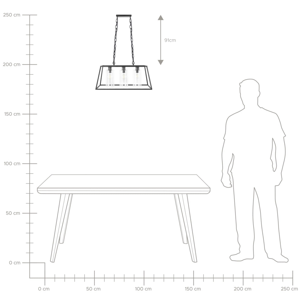 Lampada a Sospensione in Metallo Nero 117 cm Cornice Gabbia 3 Paralumi Cilindrici in Vetro Plafoniera