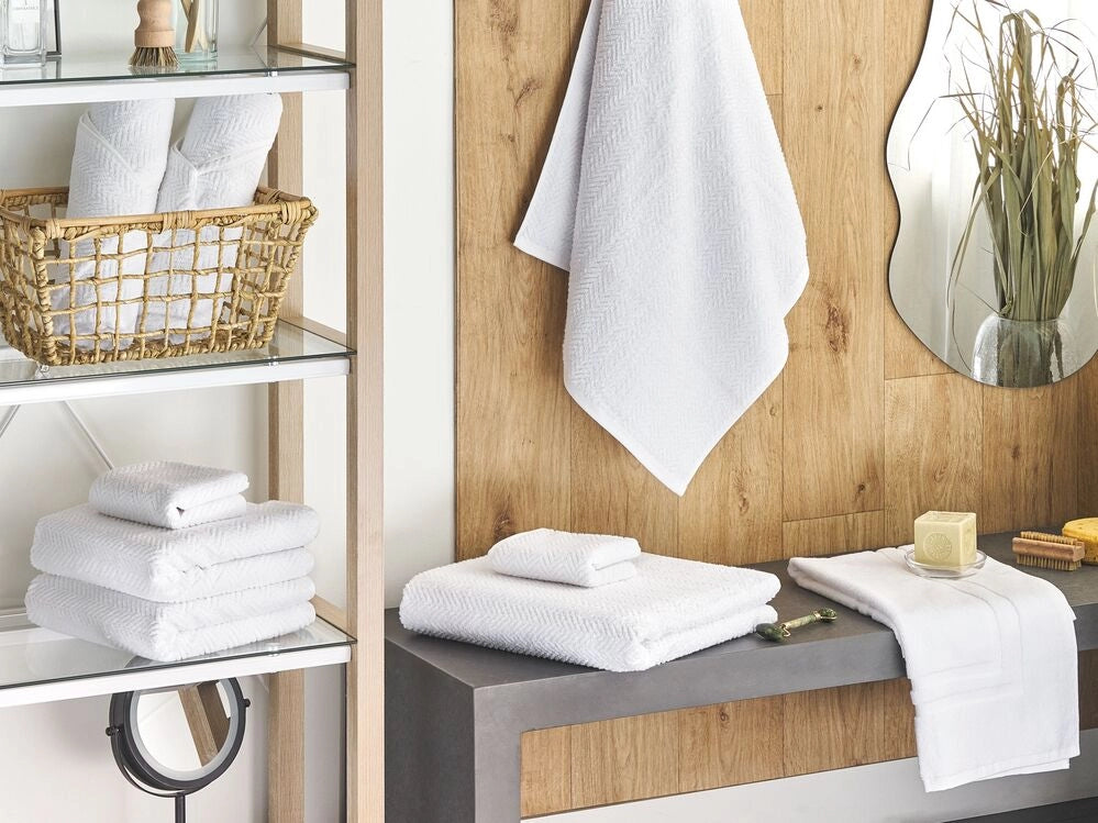 Set di 9 asciugamani in morbido cotone bianco menta con motivo a spina di pesce stile varie dimensioni classico ospiti bagno