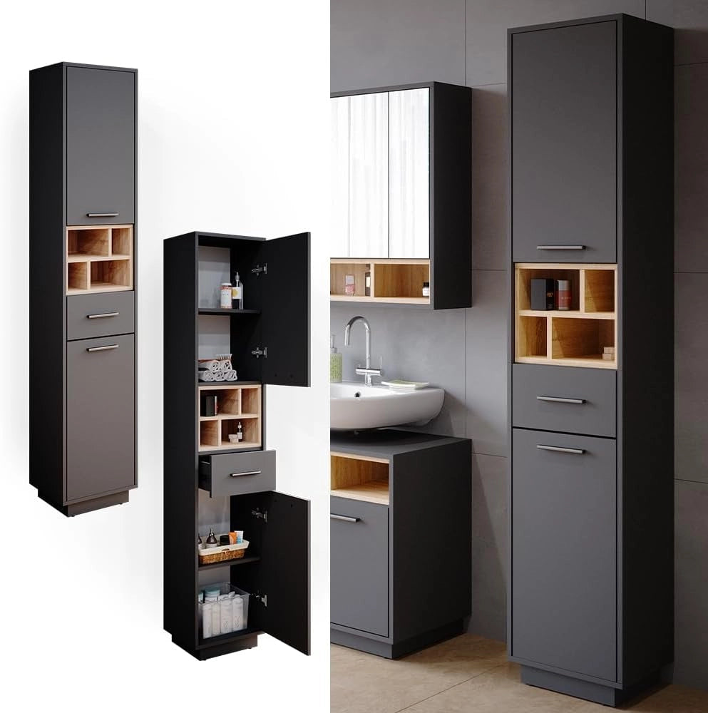 Mobile bagno alto Beatrice, Antracite, 38 x 190 cm, per la conservazione di articoli da bagno e compatibile con Beatrice