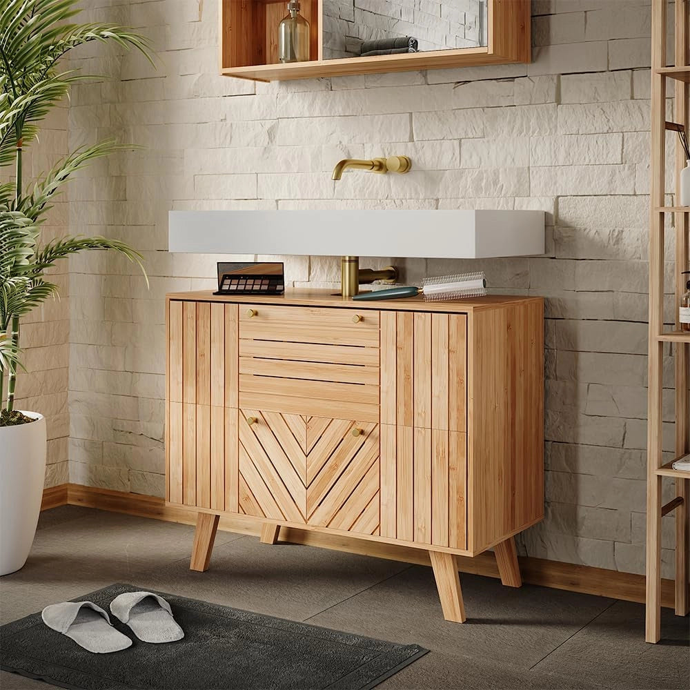 Mobile sottolavabo per bagno Lucie, Bambù, 80 x 65 cm con 2 cassetti, adatto per la conservazione salvaspazio di accessori da bagno