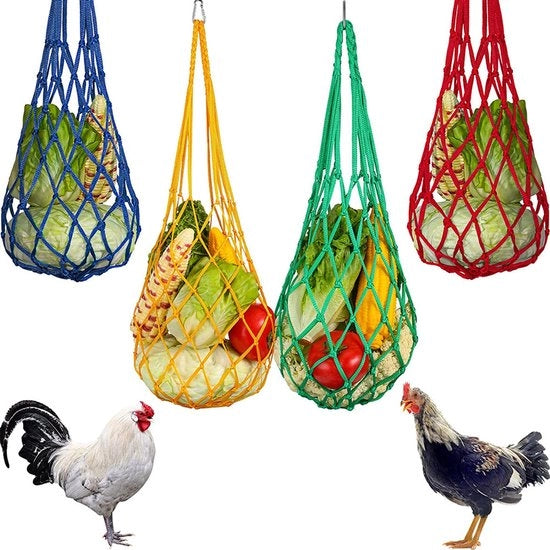 Set di 4 contenitori per il cibo appeso per galline con rete metallica, adatto per avicoltura, galline e anatre (verde, giallo, rosso, blu).