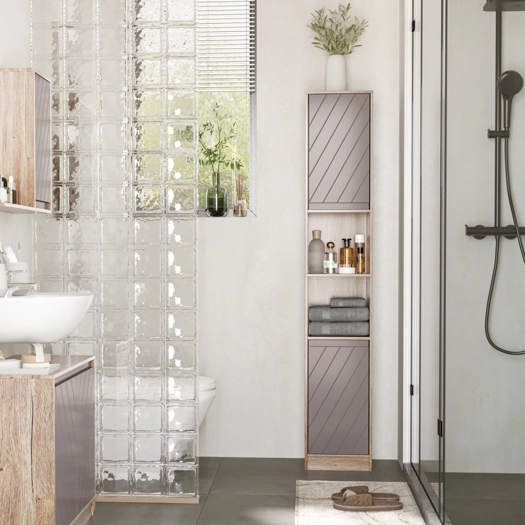 EasyComfort Mobile Colonna Bagno Salvaspazio in Legno con 2 Armadietti e Ripiani, 30x24x170 cm, Rovere e Bianco
