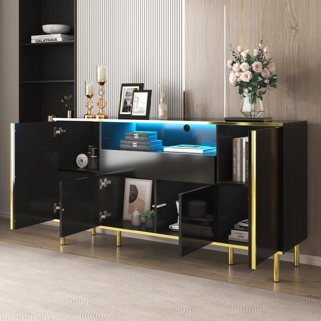 Credenza con 4 Ante; 1 Cassetto e LED; Nero Lucido con Dettagli Dorati; in MDF; 150??40??80 cm