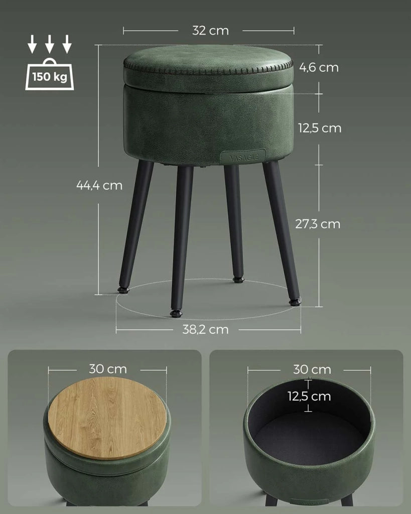 Pouf contenitore sgabello da toeletta in PU con cuciture moderno sgabello rotondo di metà secolo con gambe in acciaio capacità 150 kg verde 12_0005358