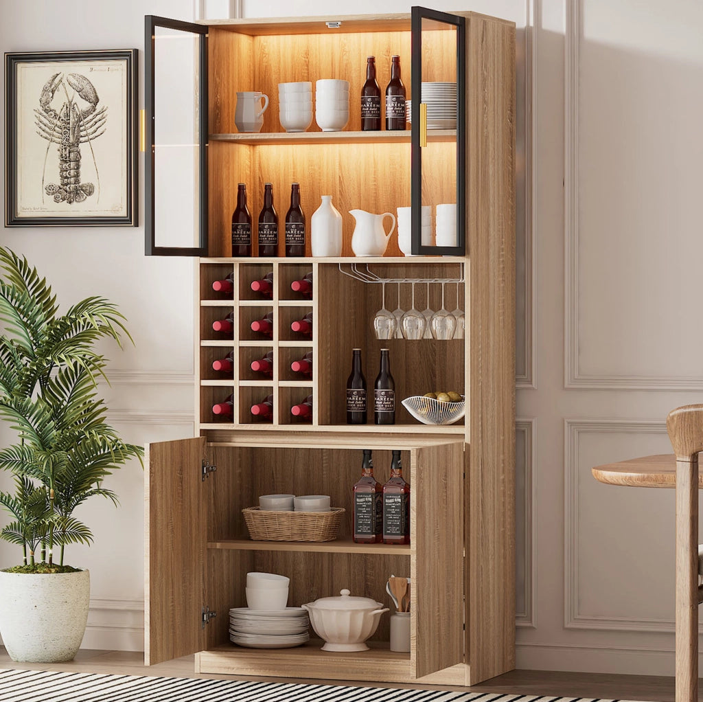 Mobile contenitore con ante in vetro e illuminazione LED 180 cm; in MDF naturale