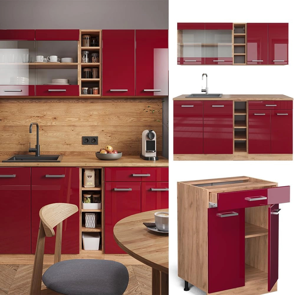 Cucina completa R-Line, Rosso lucido/rovere dorato, 160 cm, PL Antracite, adatto per combinazioni ed espansioni personalizzate