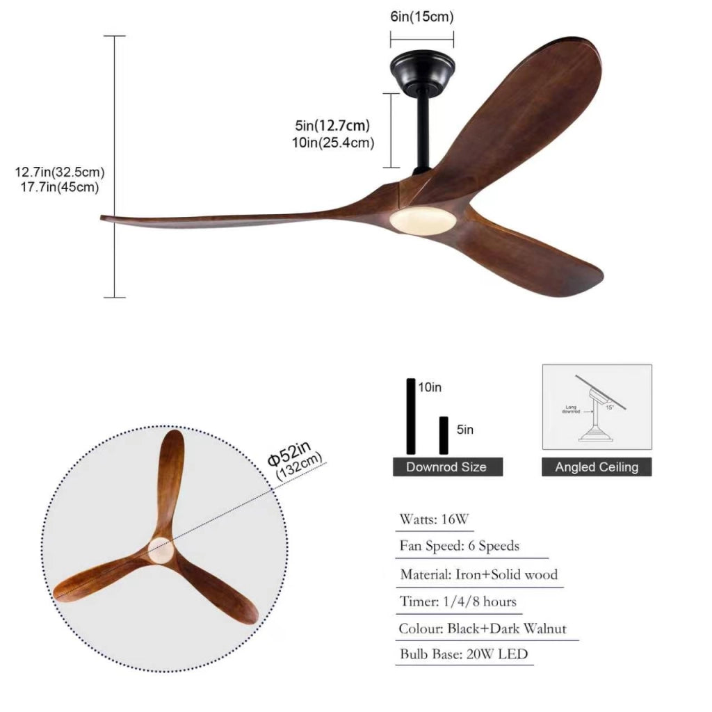 Ventilatore da soffitto da 52 pollici con luce LED; 3 pale in legno; motore DC e telecomando