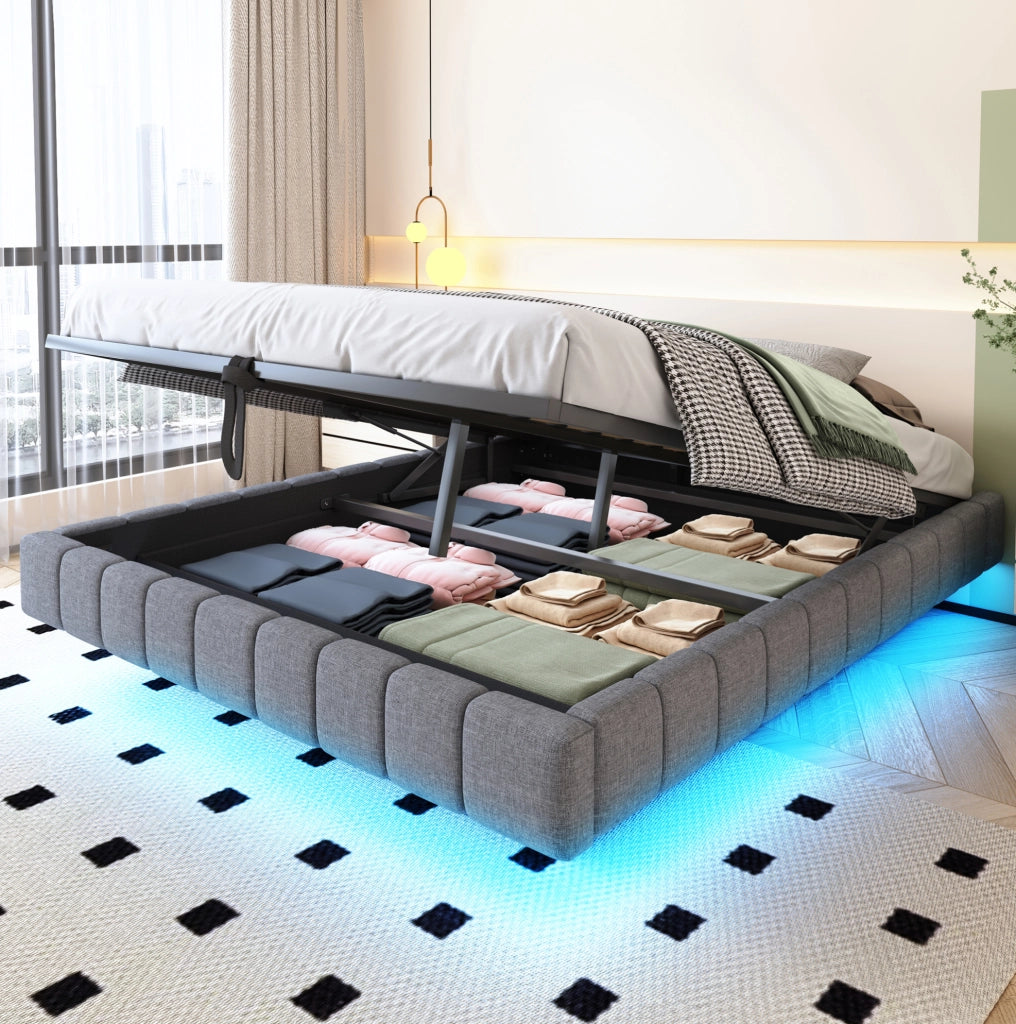 Letto matrimoniale imbottito 160x200 cm con contenitore; luci LED; grigio
