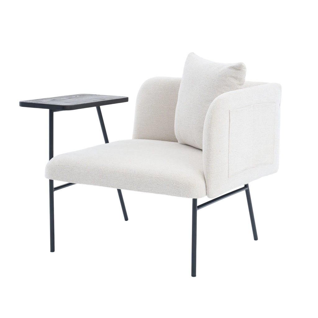 Poltrona con Tavolino Laterale e Tasche Laterali Design Nordico in Ciniglia Beige