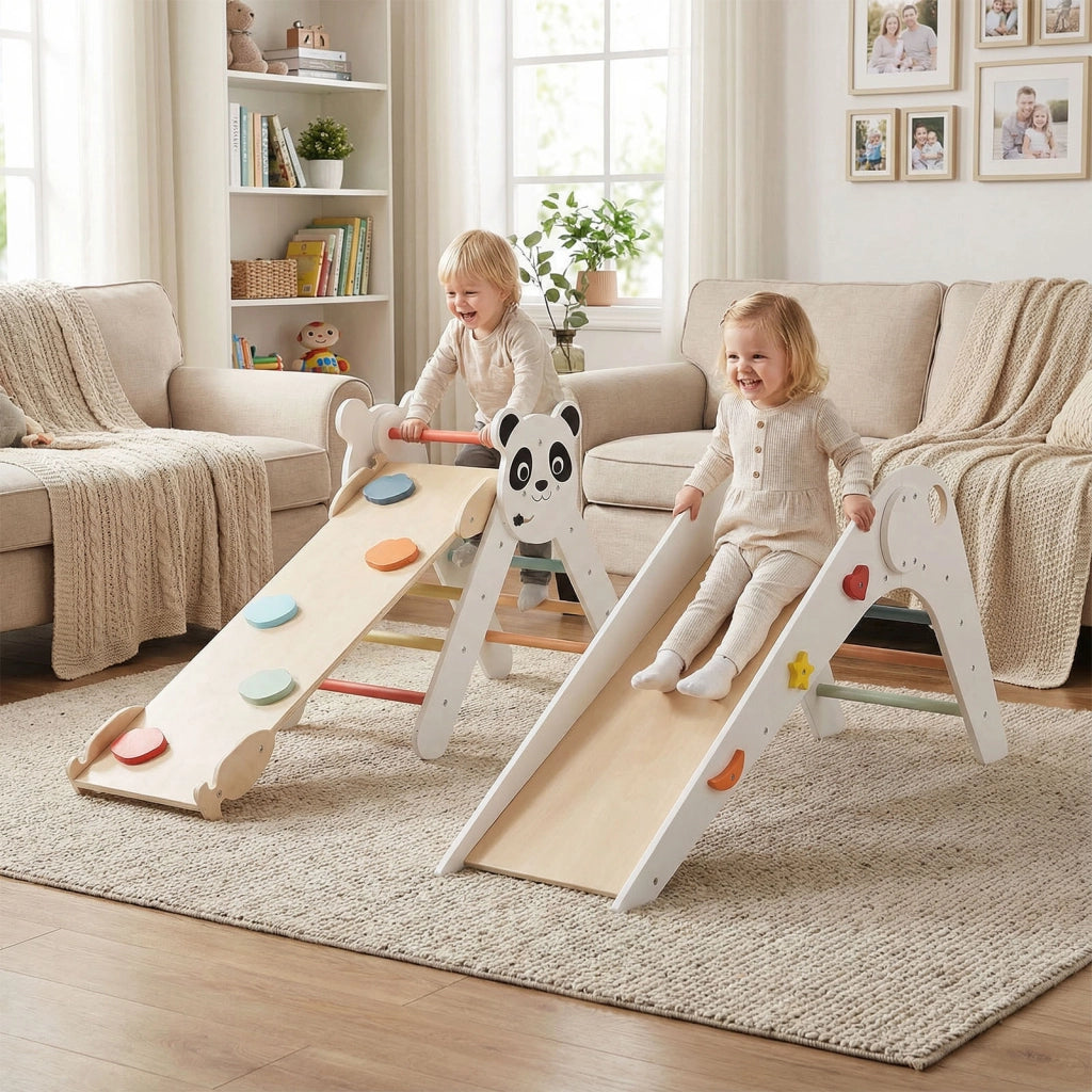 Set triangolo arrampicata Montessori pieghevole a tema panda, Parco giochi per bambini con scivolo rampe e scala Bianco