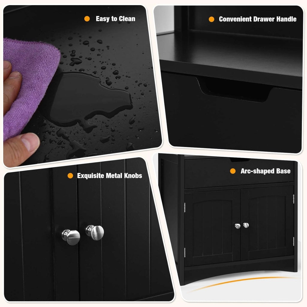 Armadio da bagno con cassetto, armadio alto con 2 ripiani aperti, ripiano multiuso per microonde, 60 x 32,5 x 122 cm (nero)