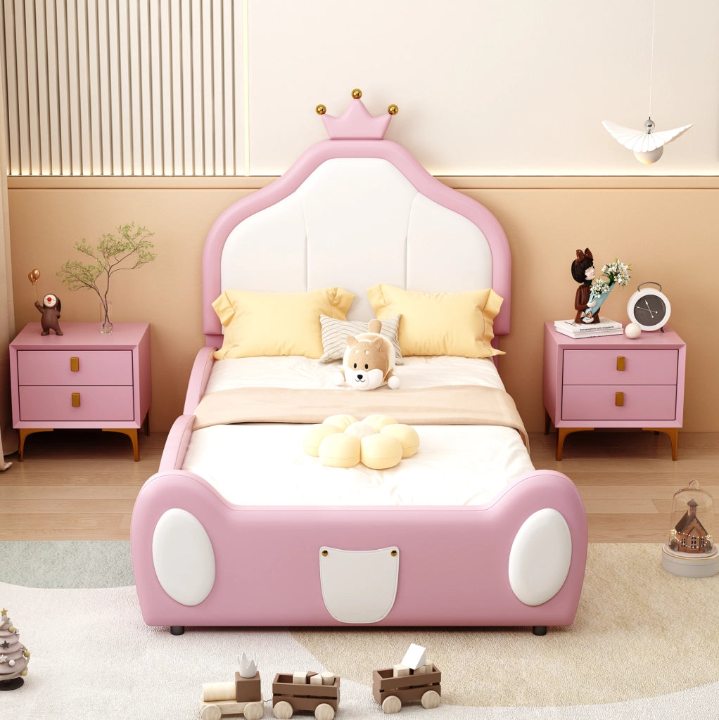 Letto imbottito 90x200 cm in similpelle bianco e rosa; testiera a corona