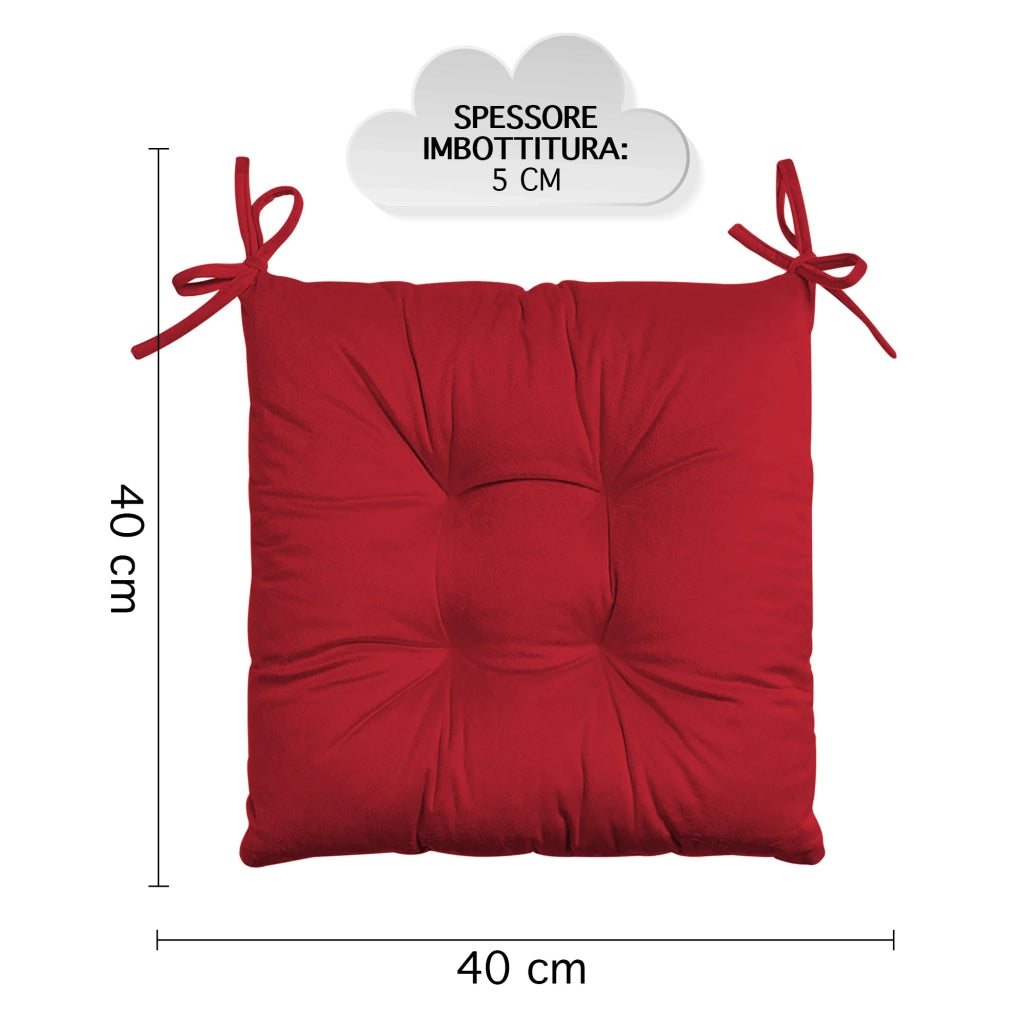 Set 4 Cuscini Sedie 4 Punti Coprisedie Effetto Velluto Con Lacci Prodotto Italiano Tinta Unita 4 Pezzi Cuscino Cucina Sala Da Pranzo Soggiorno Imbottitura 5Cm - Rosso
