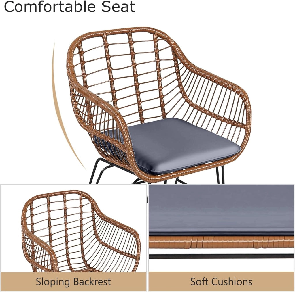 Set di 3 mobili da giardino in rattan, 2 sedie in rattan con cuscino e tavolino in vetro temperato, set da balcone per balcone, terrazza, giardino, marrone