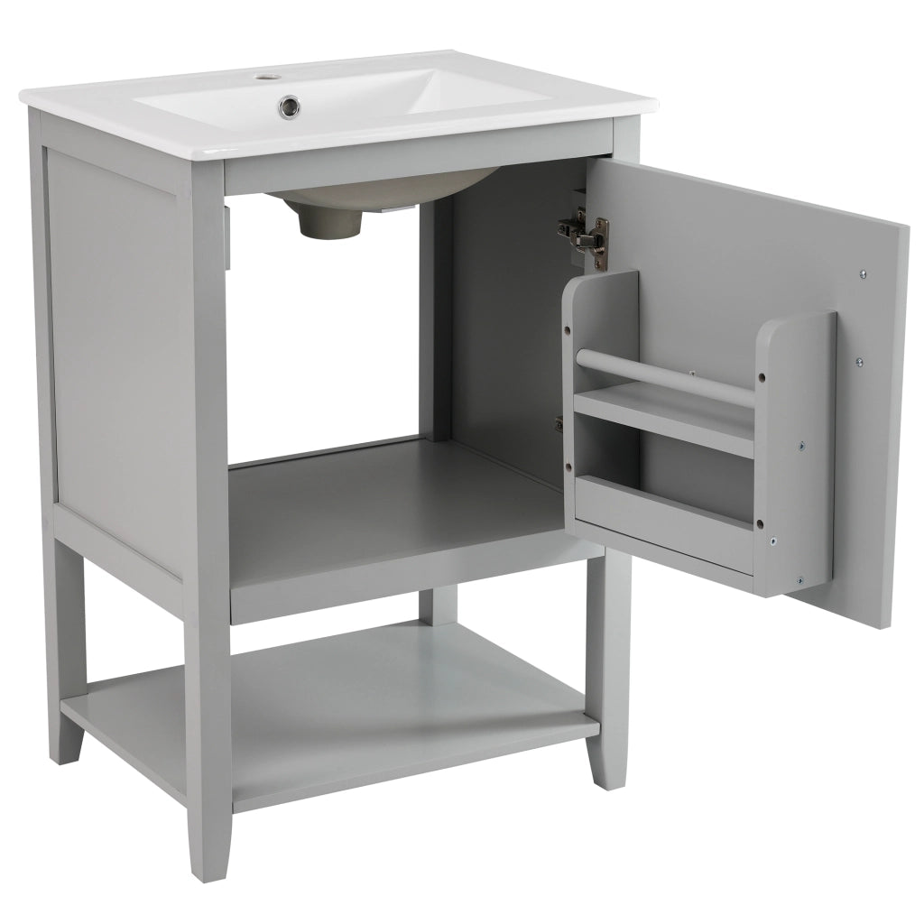 Mobile sottolavabo con lavabo in ceramica, ripiani interni e piedini antiscivolo, per bagno, in MDF, grigio
