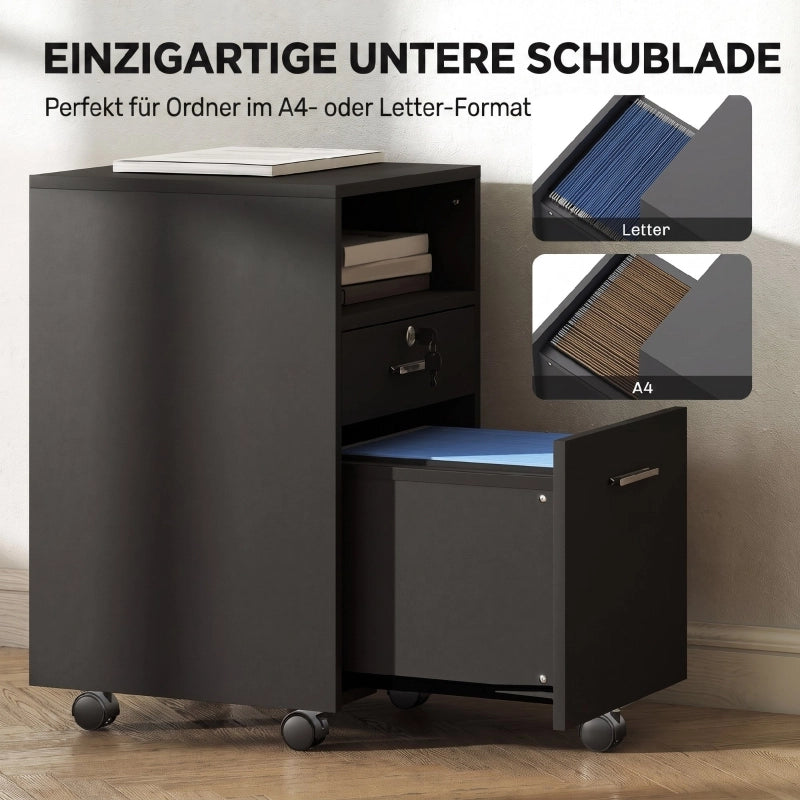Mobile da ufficio con contenitore su ruote, 2 cassetti, uno con serratura, 5 rotelle, nero, 40 x 40 x 65 cm
