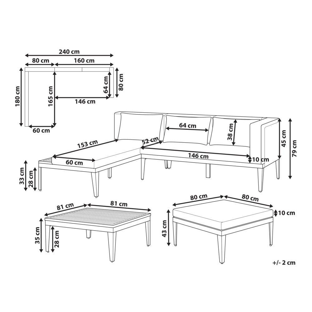 Set da giardino 3 posti in legno di acacia certificato con divano angolare tavolino e cuscini beige chiaro lato sinistro con ottomano