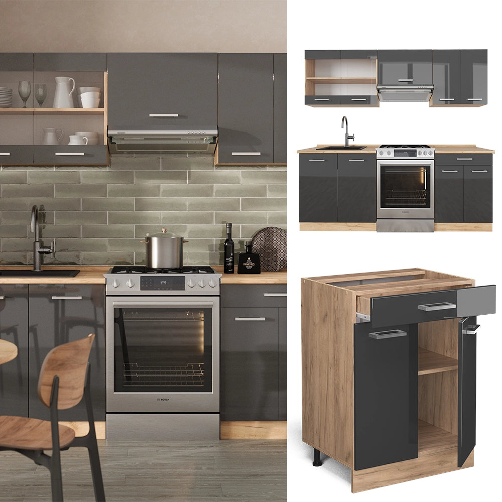 Vicco Cucina componibile Antracite lucido/oro power oak 200 cm senza piano di lavoro