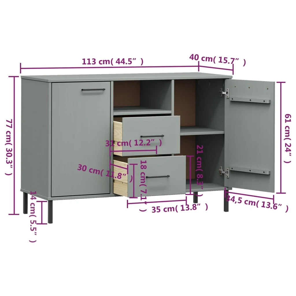 Buffet credenza cassettiera mobiletto mobile contenitore organizer per cucina soggiorno salotto con gambe in metallo 113 x 40 x 77 cm legno massello grigio 02_0030094