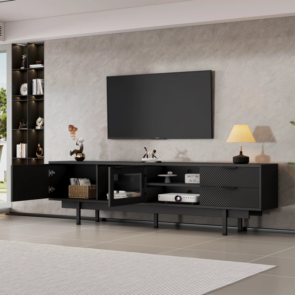 Mobile porta TV moderno con 2 ante, 2 cassetti e 2 vani aperti in vetro temperato nero 200 × 40 × 50,5 cm
