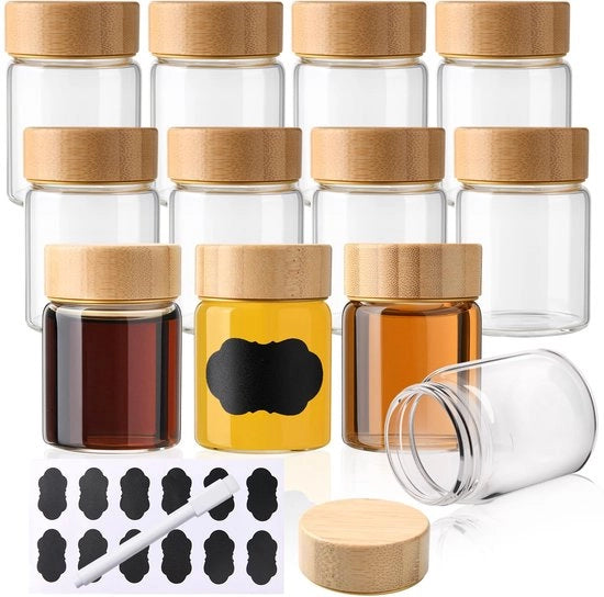 12 pezzi di piccoli bicchieri da shot in vetro borosilicato con coperchio di bambù, capacità 60 ml, inclusi etichette e pennarelli - lavastoviglie, riutilizzabili per shots e altri drink.