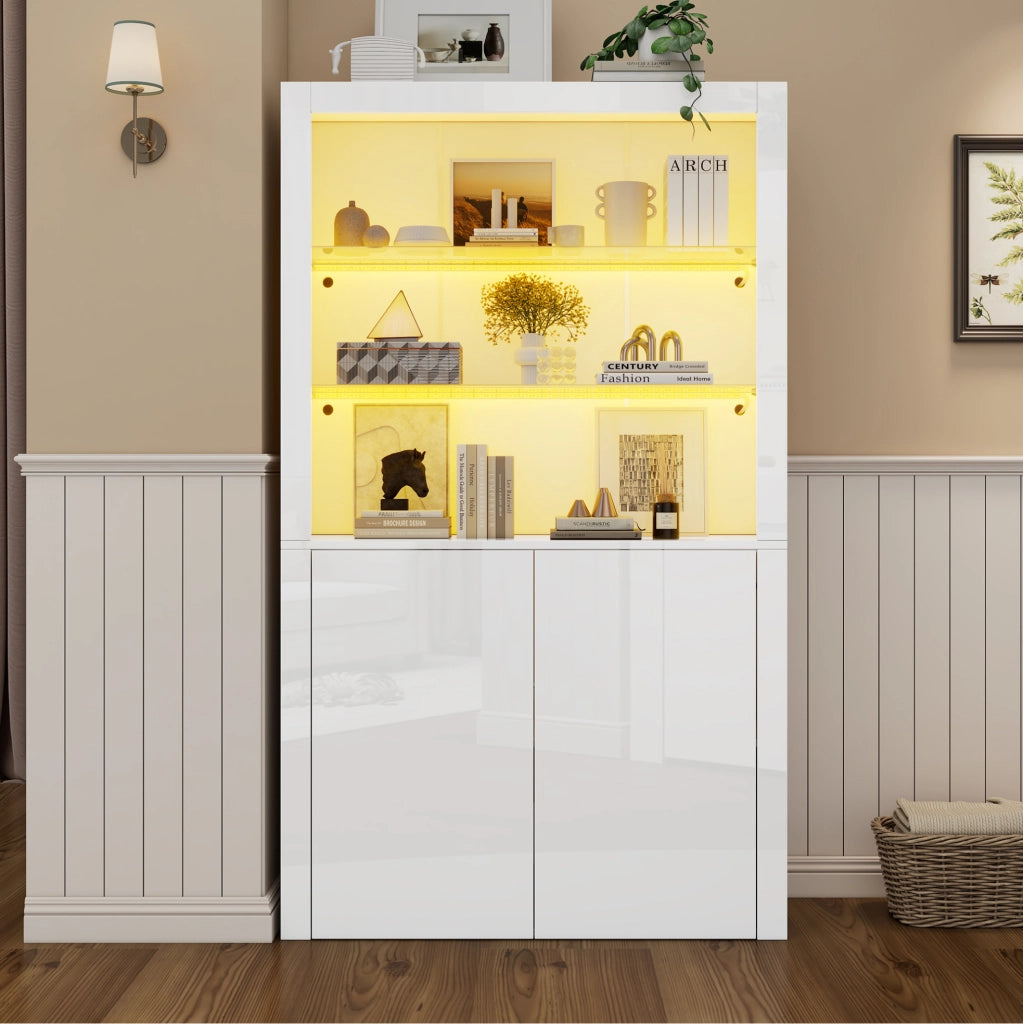 Vetrina LED 100x35x170 cm in MDF bianco con ripiani e vetro temperato