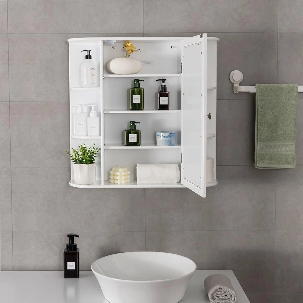 Armadietto Bagno a Parete, Mobiletto Pensile con Ante di Specchio, 6 Scomparti Laterali e 4 Ripiani di Stoccaggio, 3 Colori Disponibili, 66x16,5x63cm (Bianco)