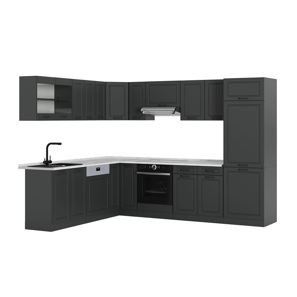 Cucina angolare completa R-Line Antracite rustico/Antracite 287 x 227 cm, PL Marmo Vicco
