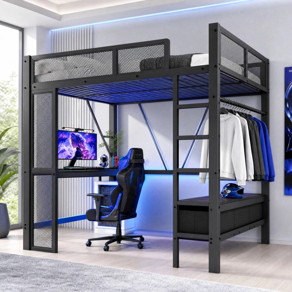 Letto a soppalco 140x200 cm con USB, LED e scrivania