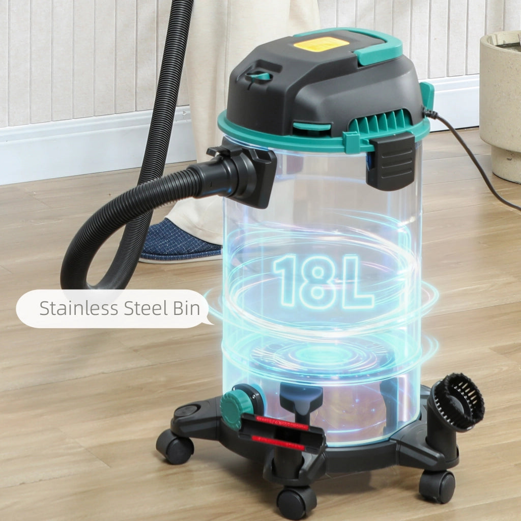 Bidone Aspiratutto 3 in 1 da 1400W Aspirasolidi Liquidi e Soffiatore Capacità 18L Triplo Filtro e Accessori In Acciaio