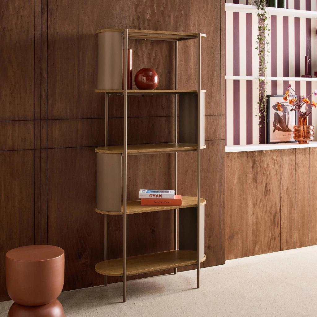 Libreria in metallo curvato e legno a 5 livelli, marrone