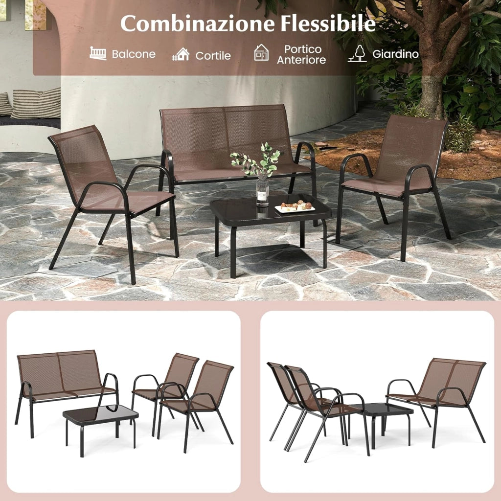 Set Tavolo e Poltrona da Giardino, Set di Mobili 4 Pezzi per Esterno, con Tavolino in Vetro Temperato, Panca e 2 Poltrone, per Giardino Balcone Piscina (Marrone)