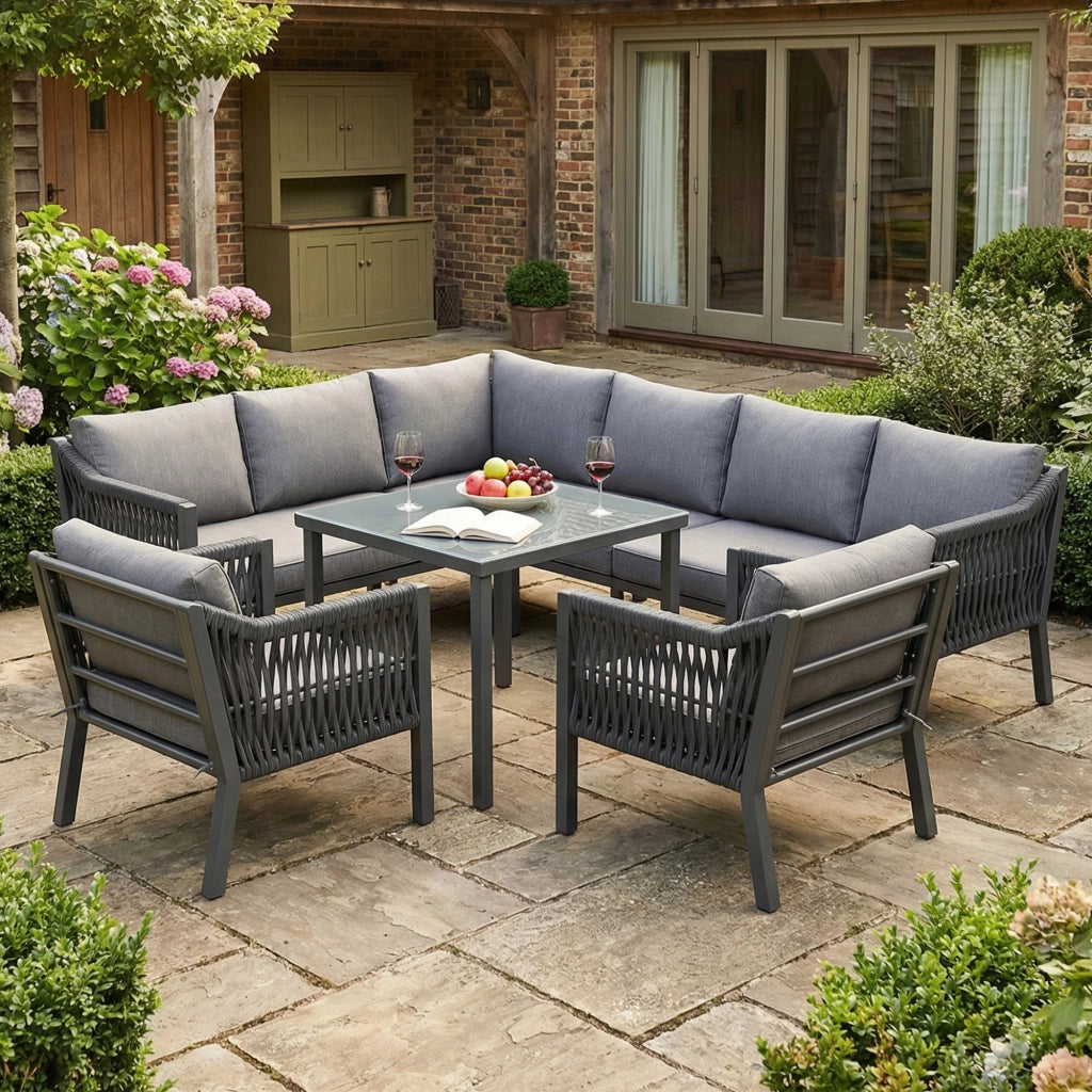 Set da Giardino 8 Posti con Tavolo, Divano Angolare e Poltrone ¨C MINIMAL ¨C Polyrattan Grigio, Piano in Vetro