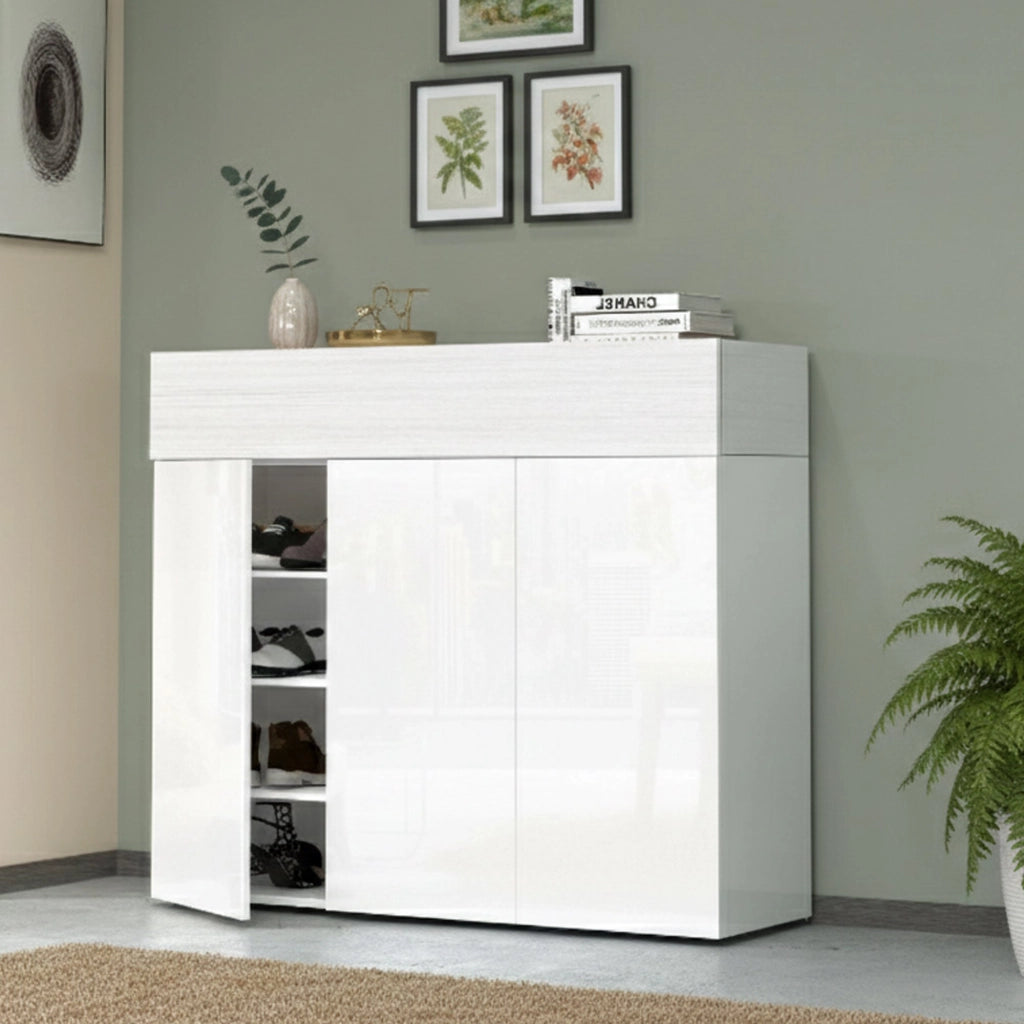 Scarpiera Griselda, Porta scarpe salvaspazio a 4 ante, Armadio multifunzione da ingresso, 114x38h100 cm, Bianco effetto larice