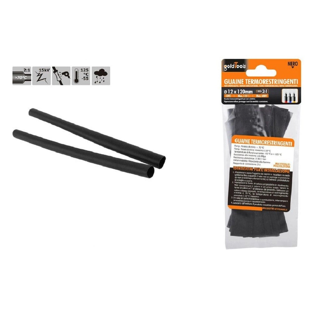 Trade Shop - Set 10 Pz Guaine Termorestringenti Tubi Termoretrattili Neri 12x120mm Cavi 57066 -