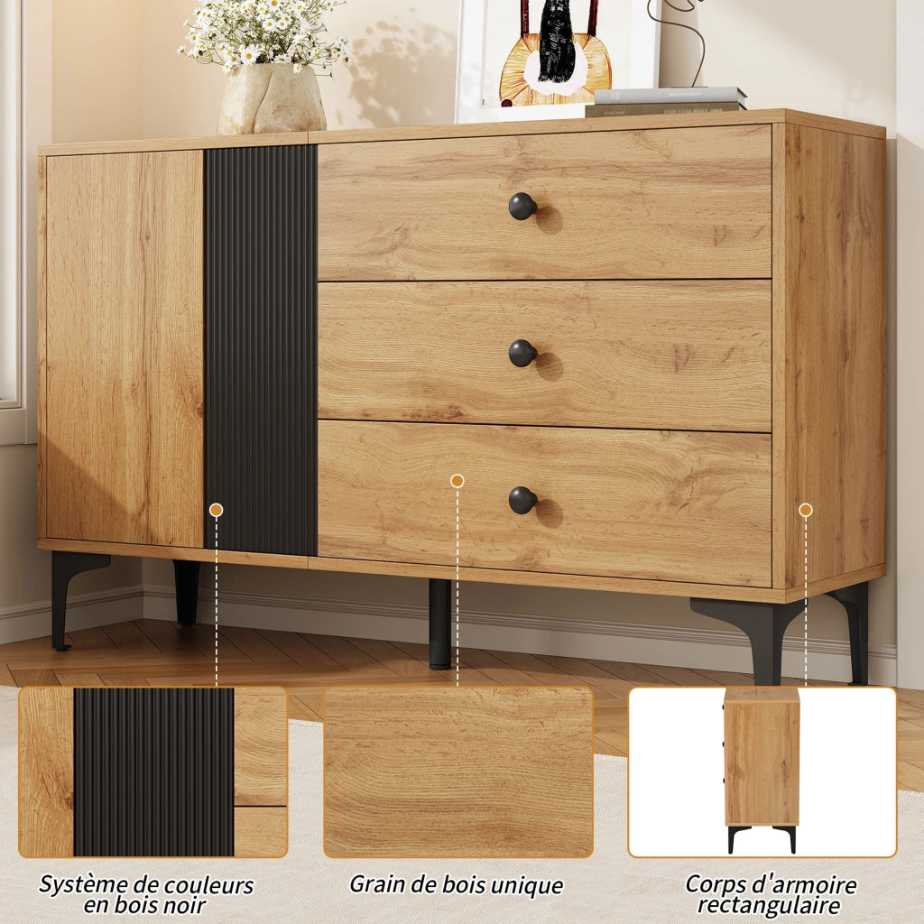 Credenza con 1 Anta e 3 Cassetti; Piedini in Metallo; Stile Moderno; in Pannelli di Particelle; Nero e Naturale; 120??35??76 cm