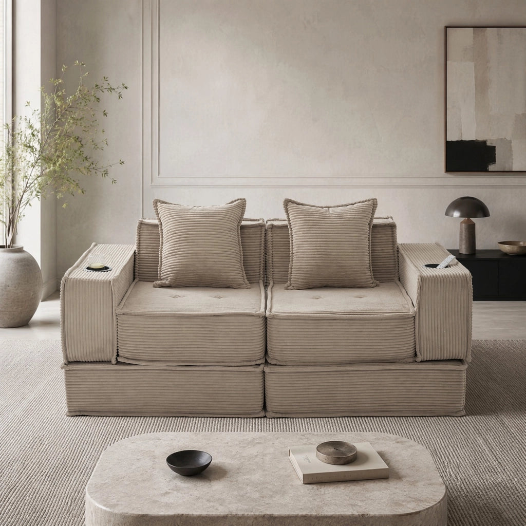 Pouf divano modulare in corduroy con due cuscini, tasche laterali e seduta ergonomica
