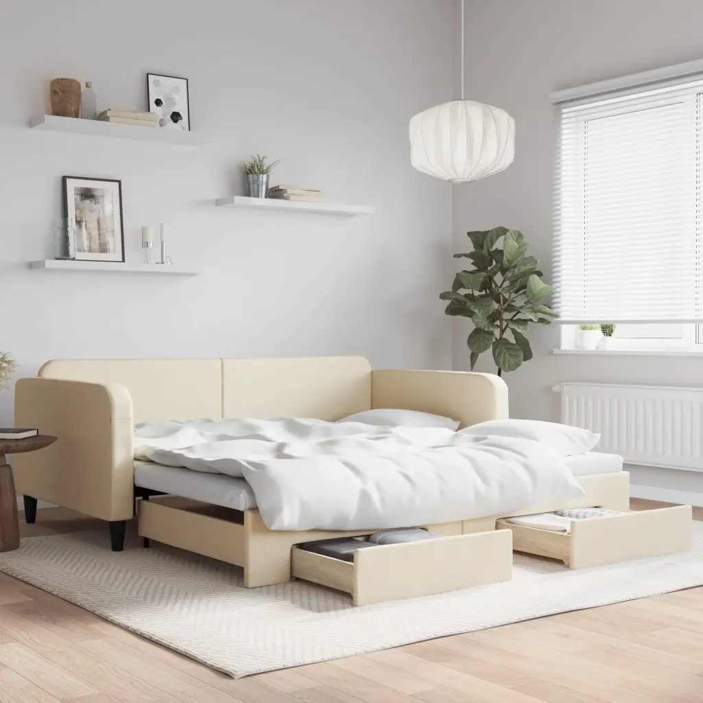 Divano Letto Estraibile con Cassetti Crema 100x200cm in Tessuto 3196861