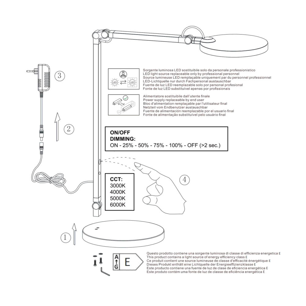 Regina - Lampada da tavolo orientabile alluminio Fabas Luce - LED Touch integrato 9W dimmerabile CCT (3000K 4000K 5000K 6000K)