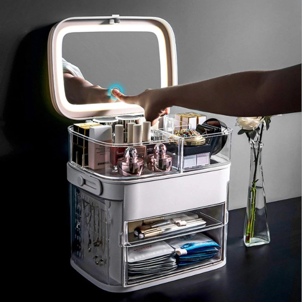 Trade Shop - Organizer Beauty Case Porta Trucco Accessori Gioielli Con Specchio Led Cassetti -