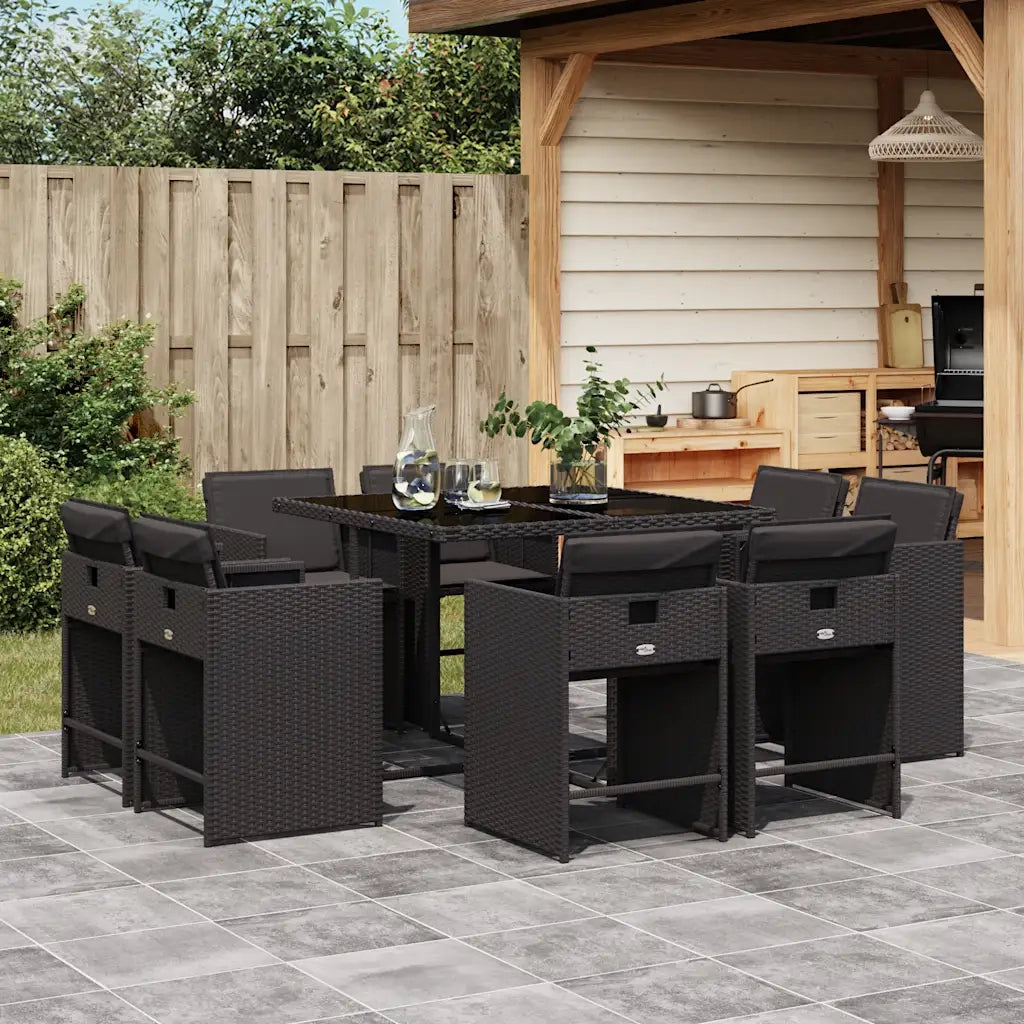 Set da Pranzo da Giardino 9 pz con Cuscini Nero in Polyrattan 3211195