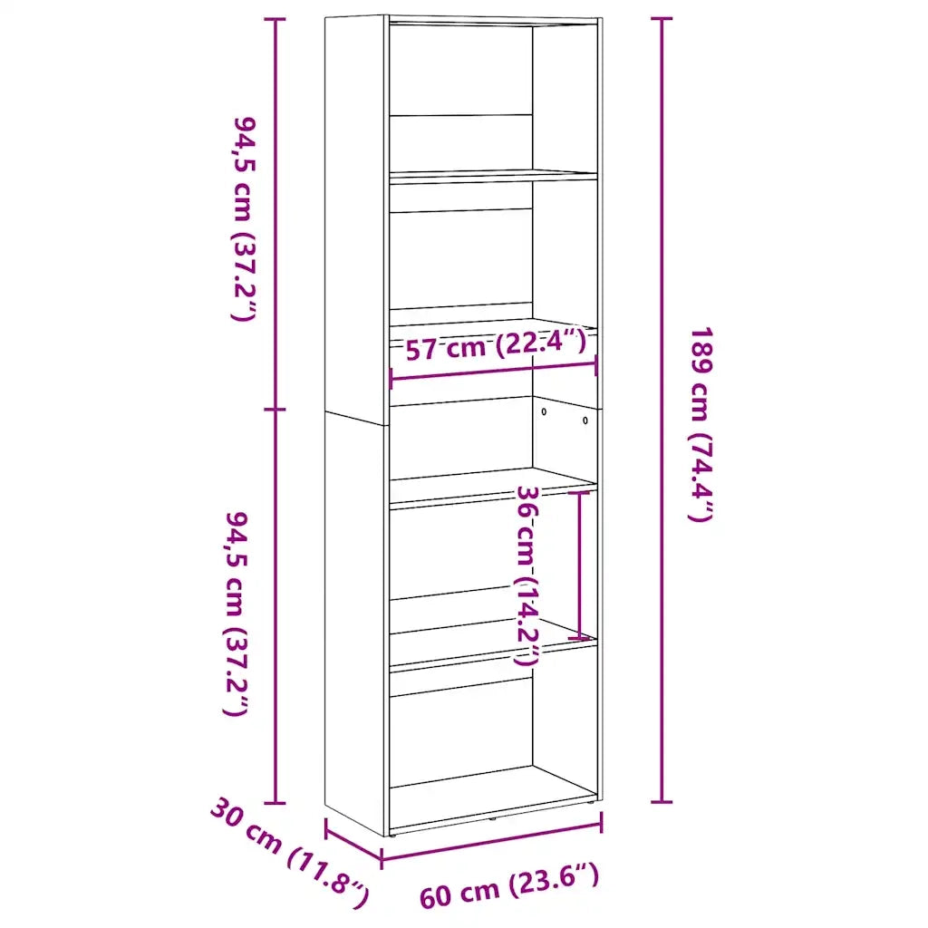 Libreria-Scaffale per Libri-Mobile di Stoccaggio Rovere Fumo 60x30x189 cm in Legno Multistrato