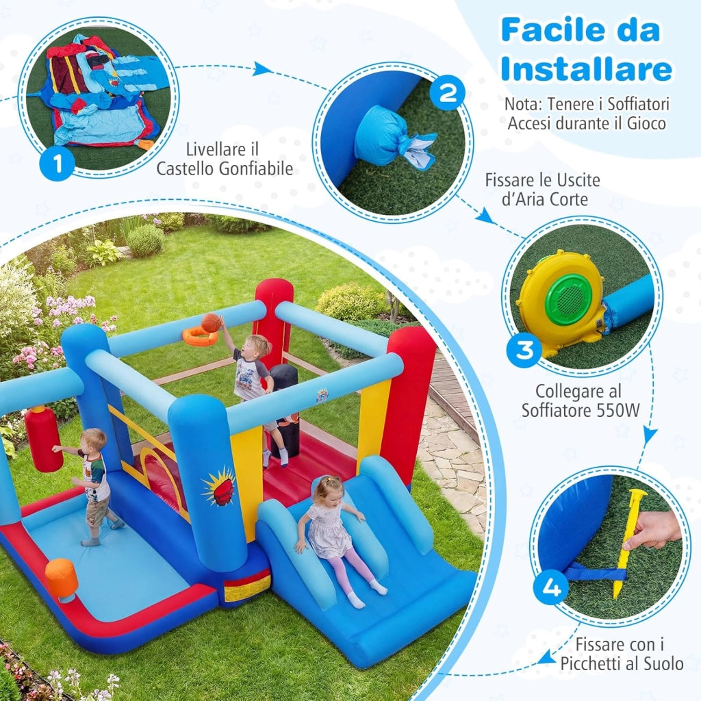 Castello Gonfiabile per Bambini con Soffiatore 550W, Casa Gonfiabile con Palo da Boxe, Trampolino, Doppio Scivolo, Piscina di Palline e Canestro da Basket, per Bambini 3-12 Anni