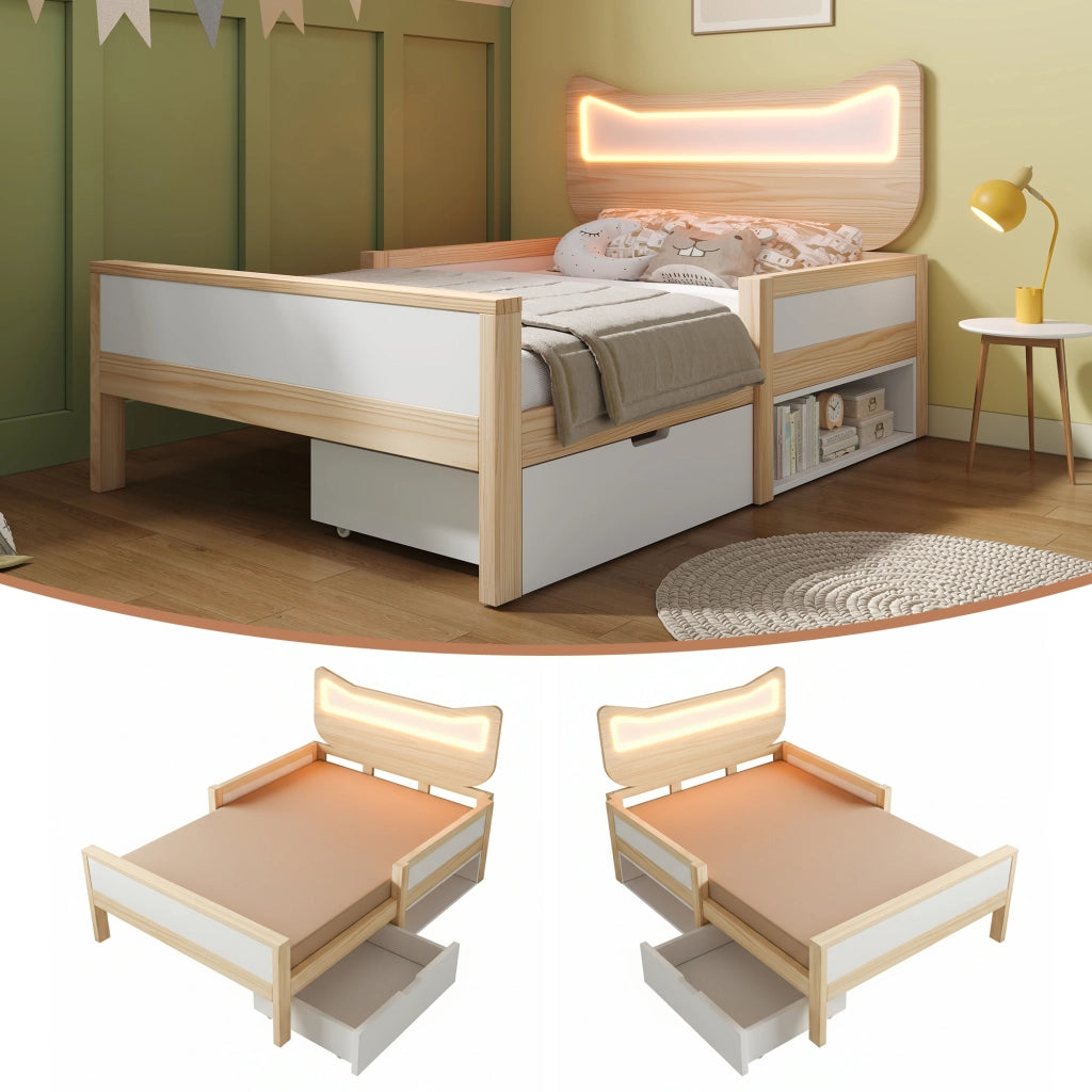Lettino per bambini con orecchie da gatto e luci LED 90x190 cm in legno di rovere e bianco