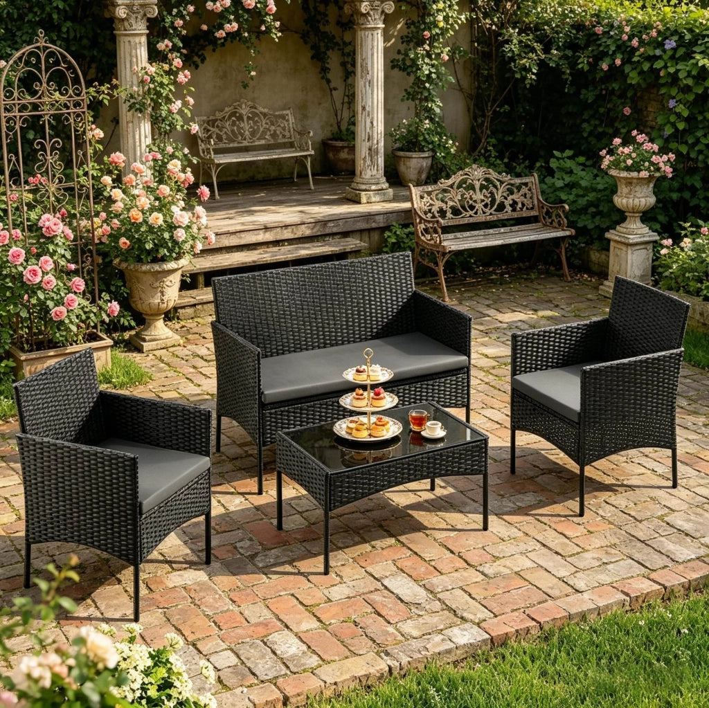 Set da giardino per 4 persone in PE rattan nero con tavolino in vetro temperato