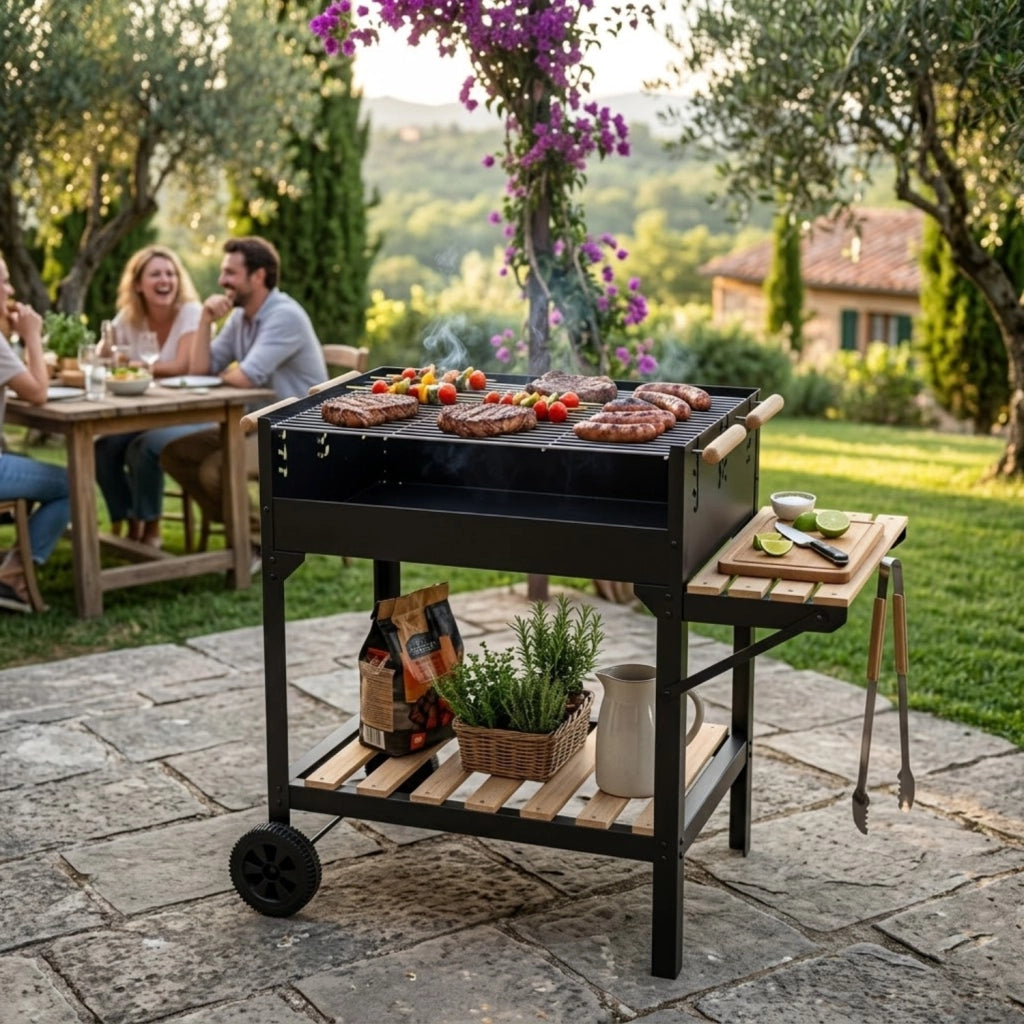 BBQ Grill A Carbonella Con Griglia Regolabile Su Diversi Livelli Piano Laterale Di Appoggio Ripiano Inferiore E Telaio In Acciaio Con Ruote Per Grigliate All Aperto 122 x 53 x 100 Cm Nero