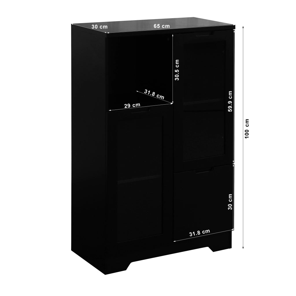 OKWISH Credenza Contenitore con 2 Ante in Vetro, 2 Ripiani Regolabili e 2 Vani Aperti, per Soggiorno, MDF, Nero