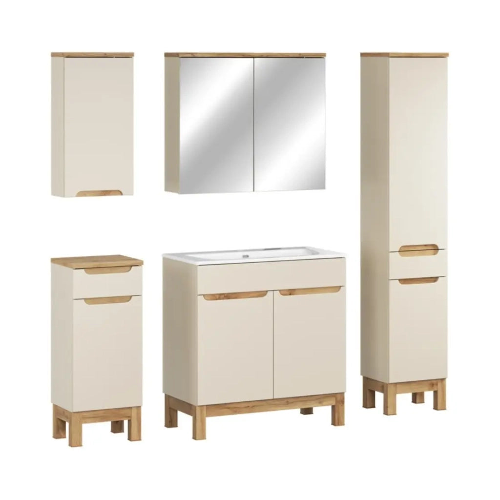 Set ERMANO cashmere 150cm: mobile sottolavabo + lavabo incassato + mobili sospesi e da appoggio + specchi