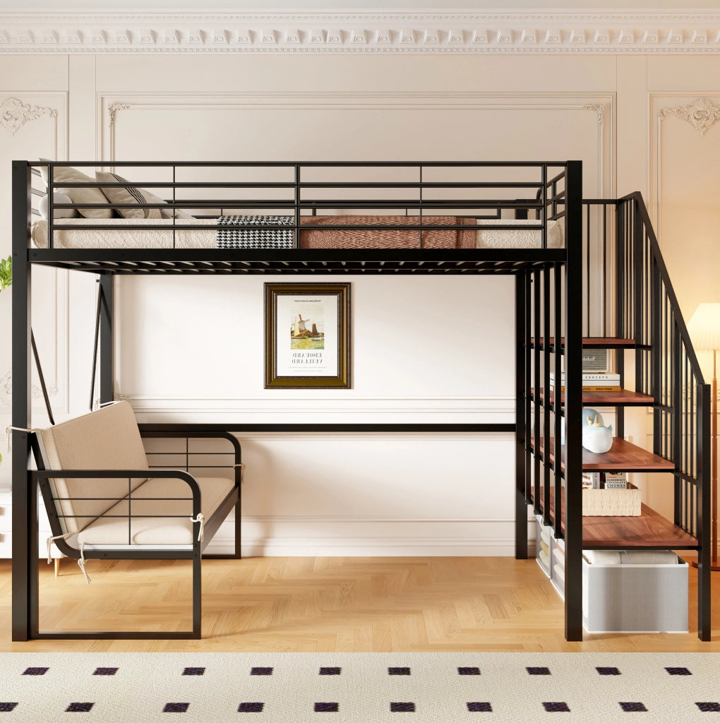 Letto a soppalco 140x200 cm con divano rimovibile e scala contenitore in metallo e MDF nero